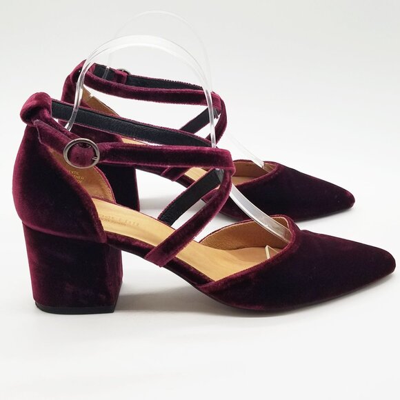 Garnet Hill Esta Crossover Strap Block Heels Burgundy Velvet Size 38 Pointy Toe - Picture 10 of 16